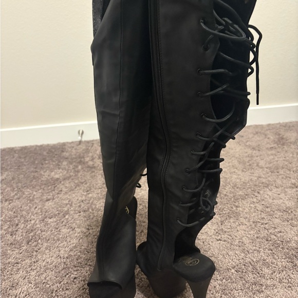 Black Over-the-Knee Lace-Up Heeled Boots - Picture 4 of 6
